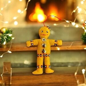 Handmade Felted Gingerbread Man Christmas Ornament 5"x4" Fabric Stuffed Xmas VG